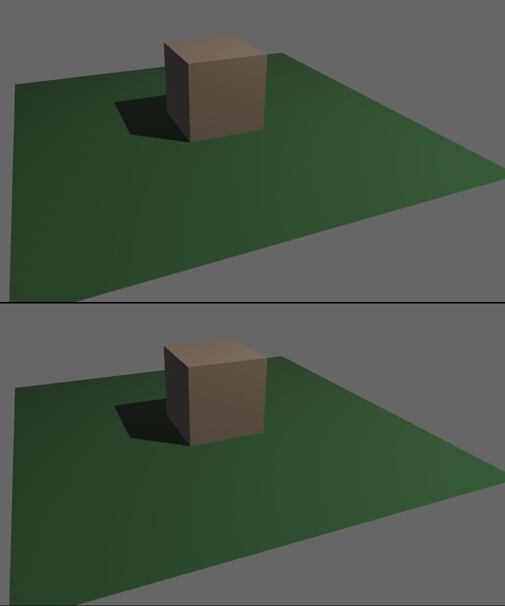 Visual comparison of a scene simple cube on a flat green plane, with dithering disabled/enabled.